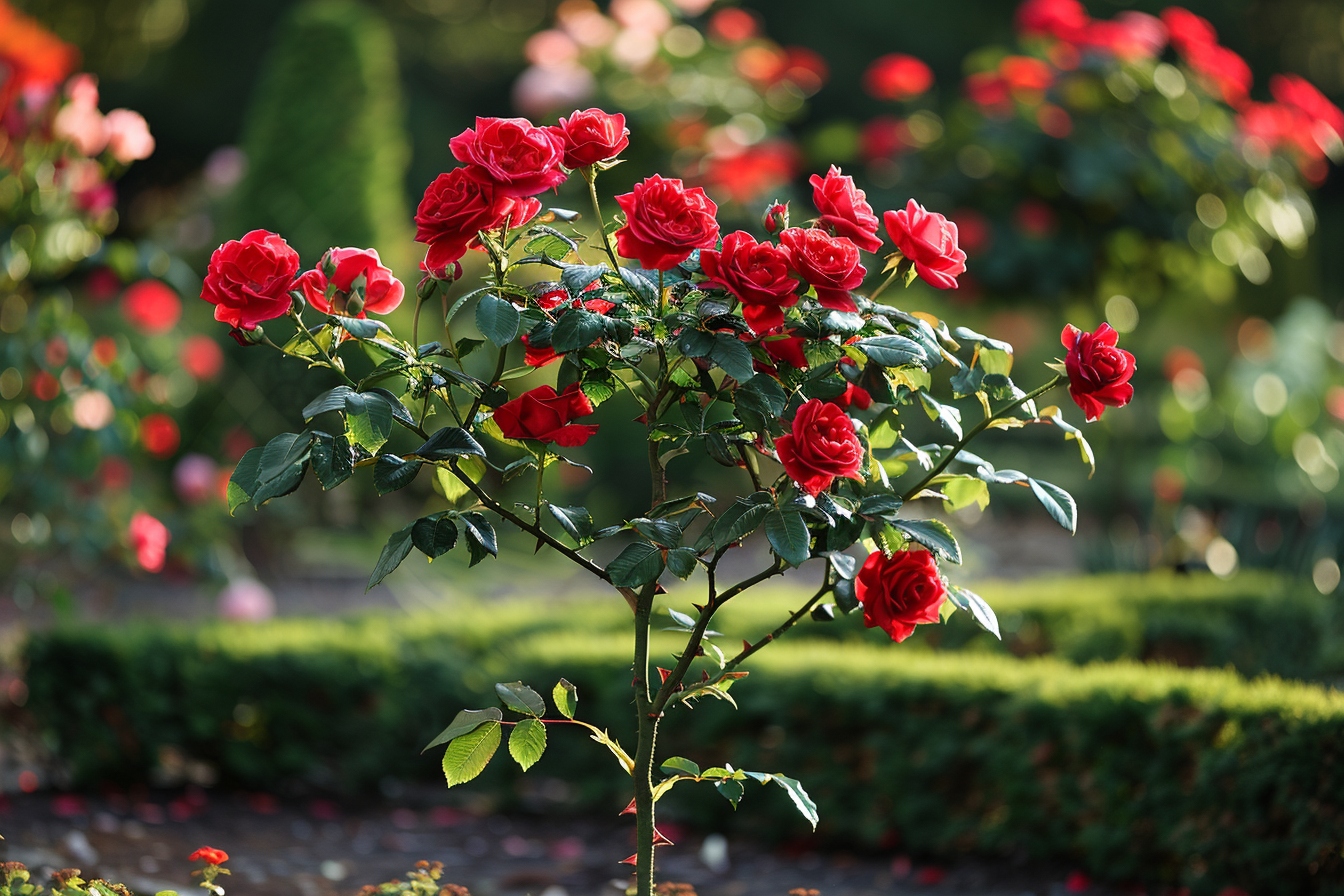 Un rosier déjà acclimaté au milieu du jardin